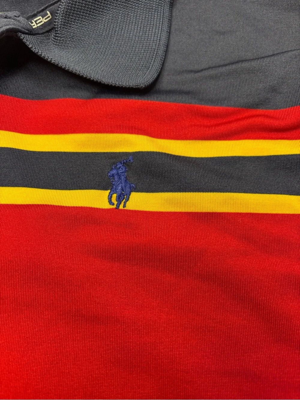 Ralph Lauren Navy, Red, Gray & Yellow Striped Polo EUC  Child Size L